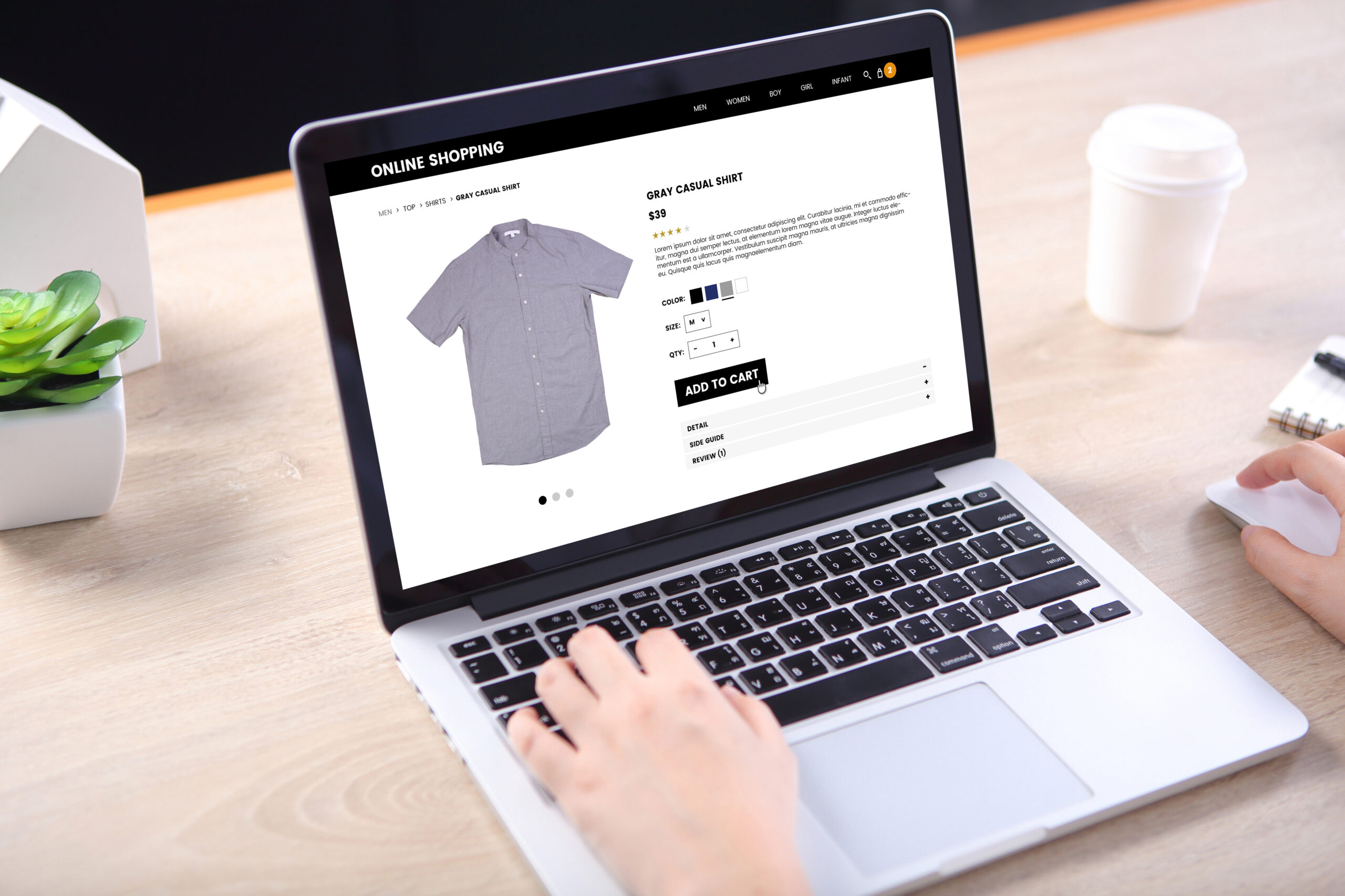 People buying casual shirt on ecommerce website with smart phone on wooden desk